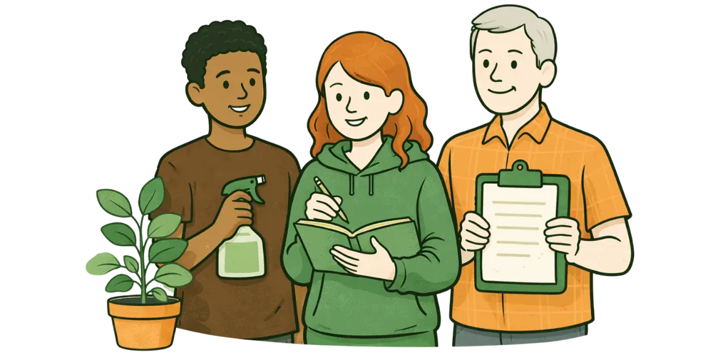Trois personnes souriantes, l'une avec un vaporisateur, les autres avec un carnet de consignes